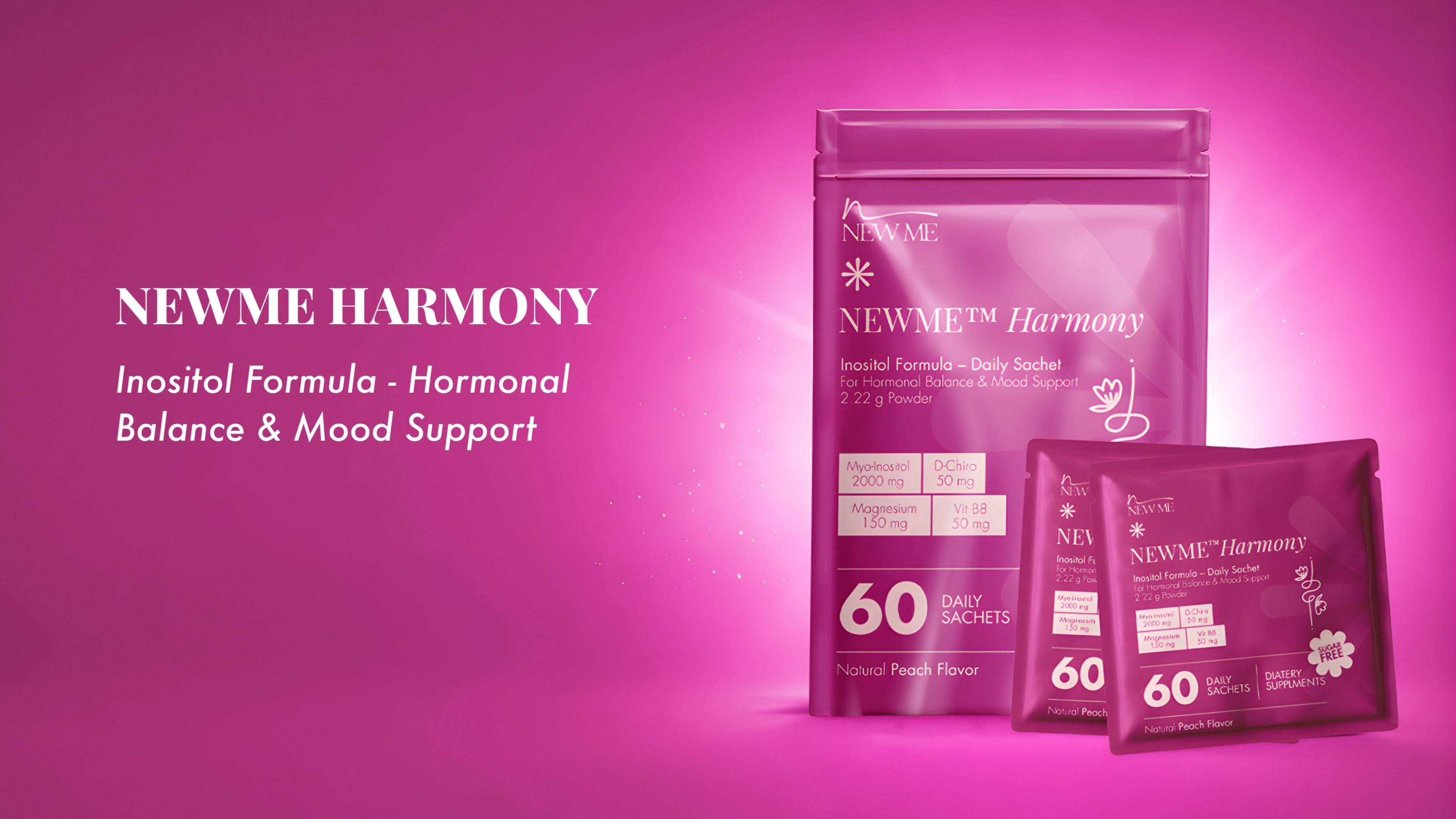 NEWME Harmony packages on a pink background with text about hormonal balance and mood support.