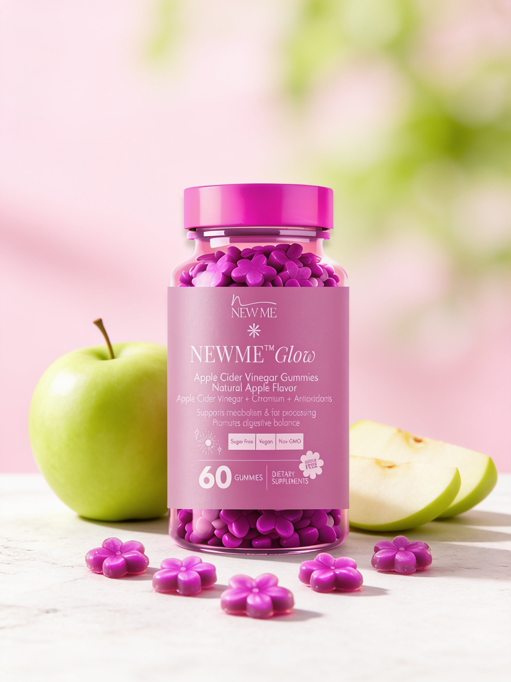 NEWME Glow apple cider vinegar gummies with a fresh green apple