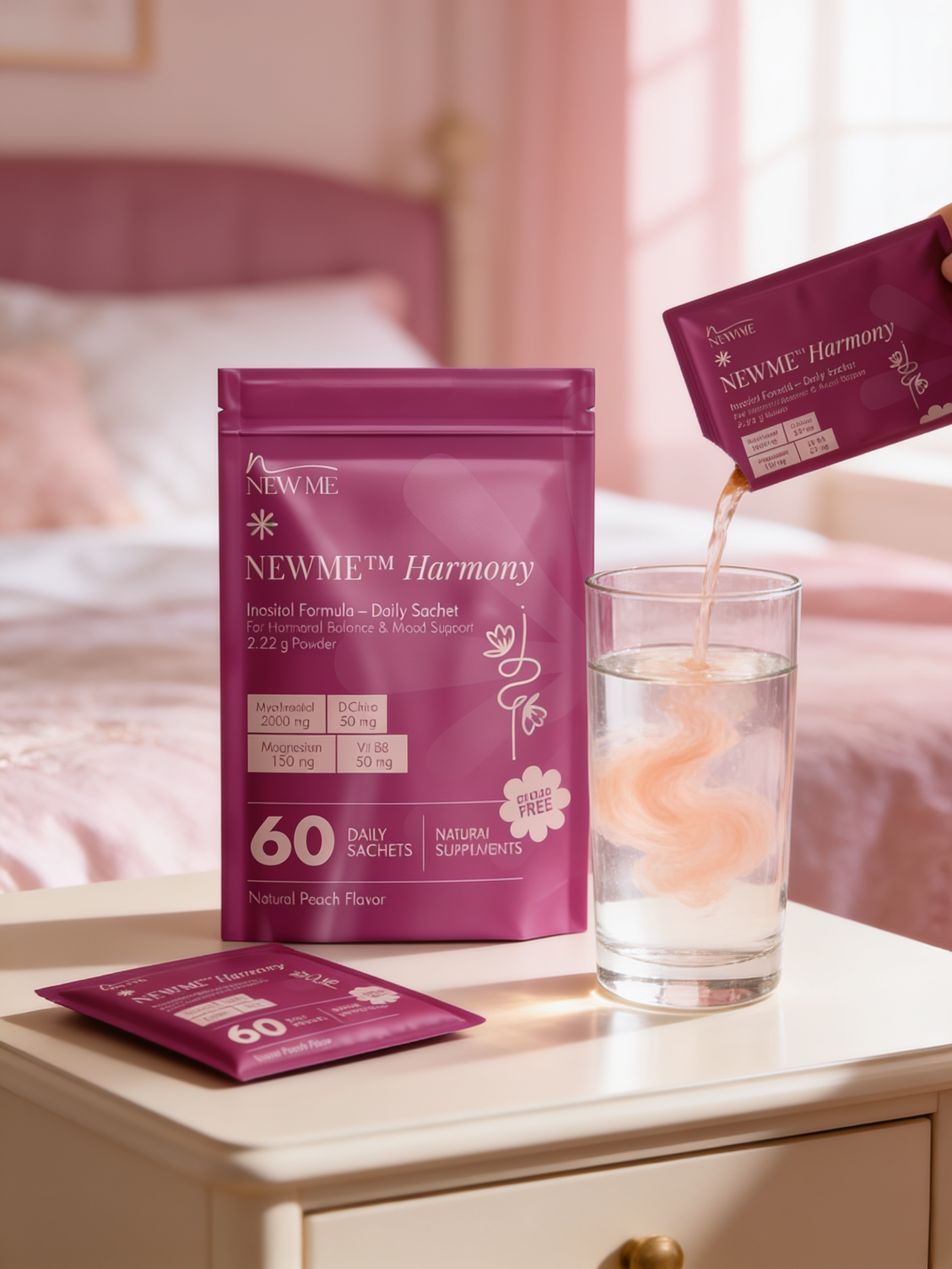 NEWME Harmony inositol sachet stirred into a glass of water on a bedside table