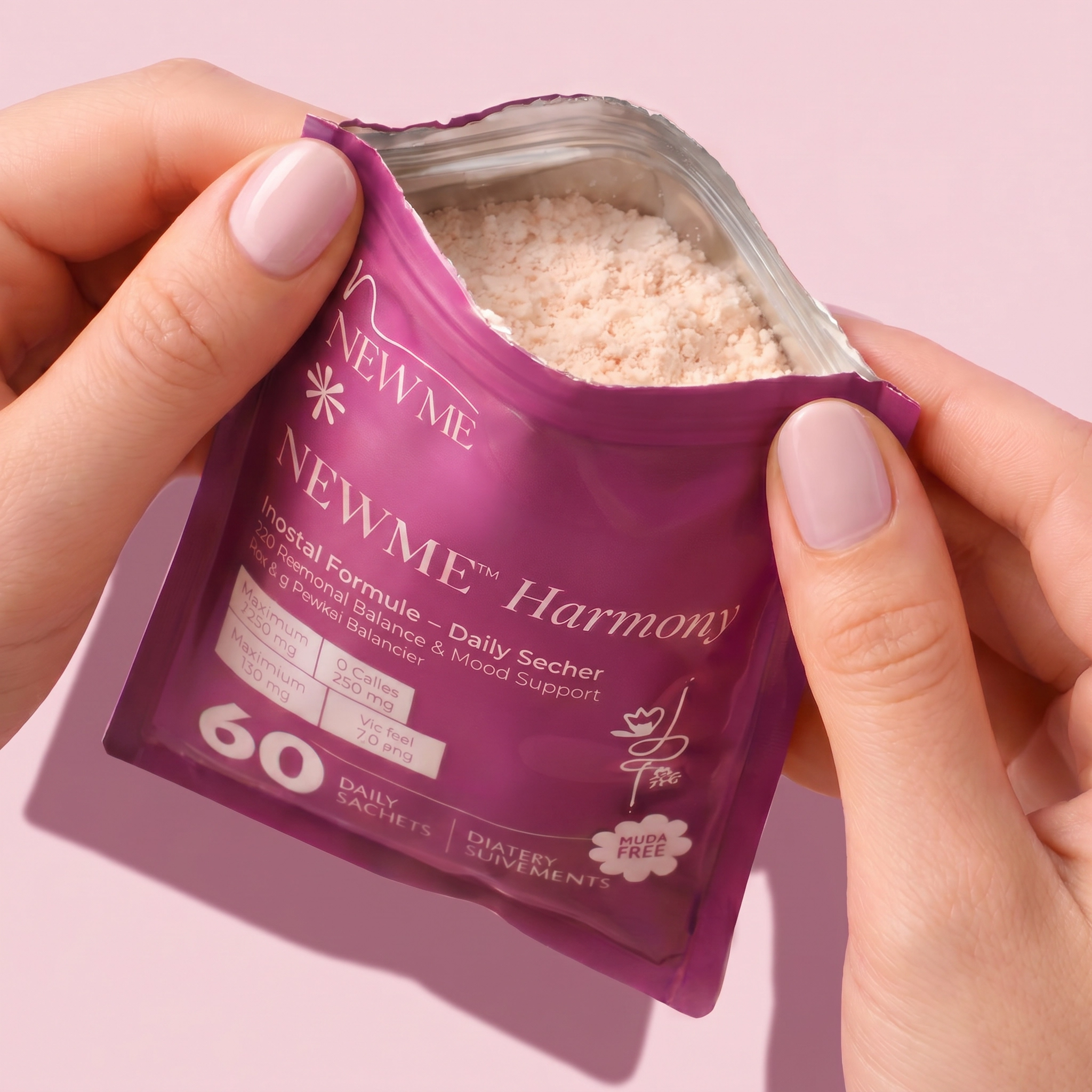 NEWME Harmony inositol sachet held in hands